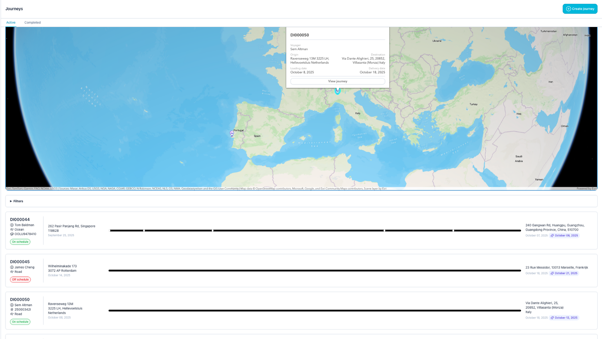 Live journey timeline and map in Digire